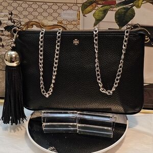 Tory Burch Black Kira Pebbled Leather Crossbody Bag with Tassel and Dustbag